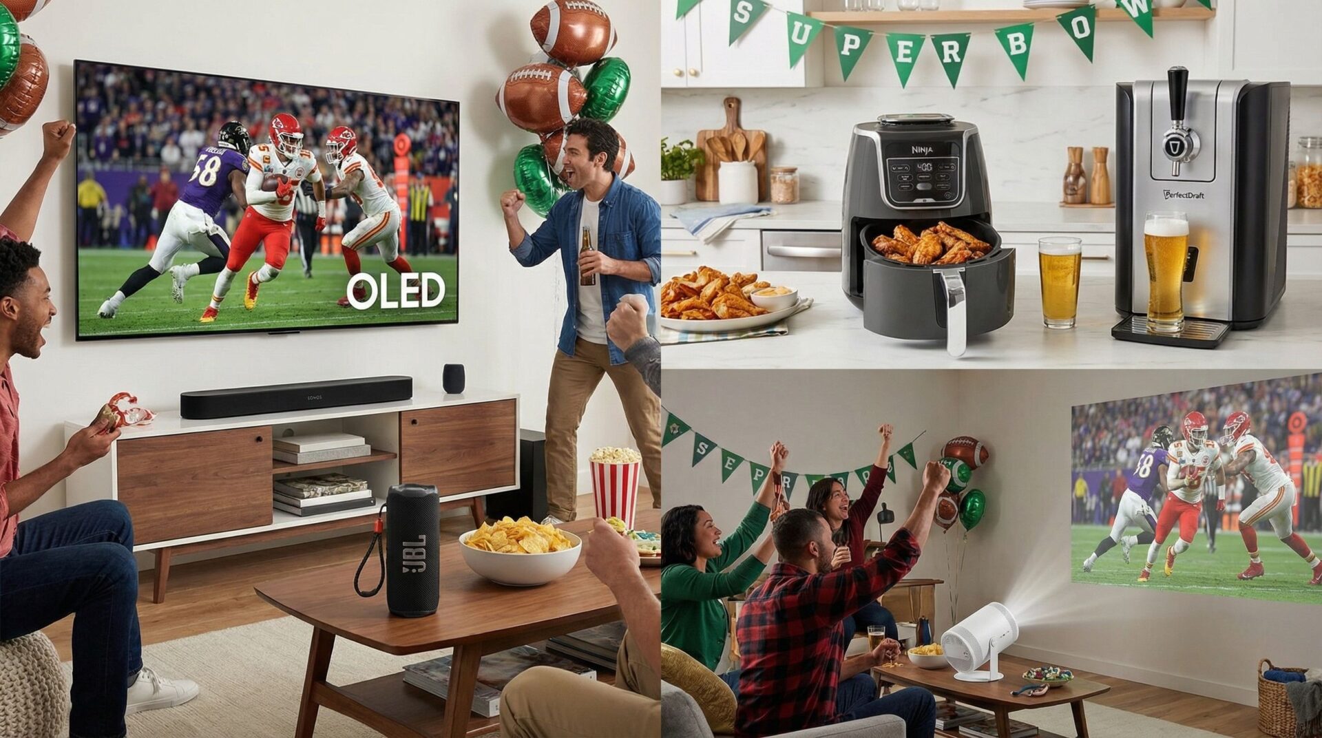 An collage of various Super Bowl parties including several products featured in the guide.