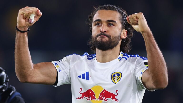 Dominic Calvert-Lewin of Leeds United celebrates during a Premier League match.