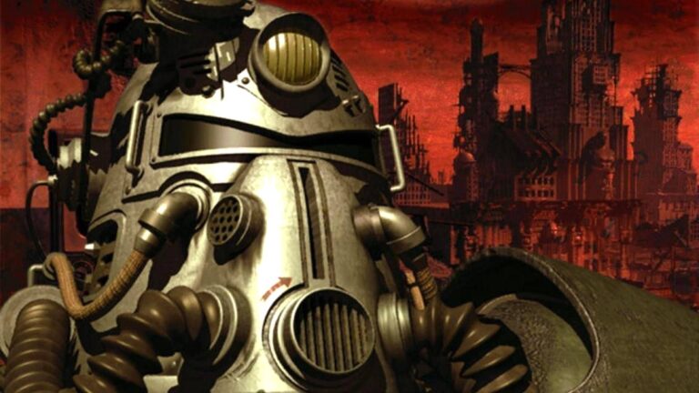 A Brotherhood of Steel power armor helmet in Fallout.