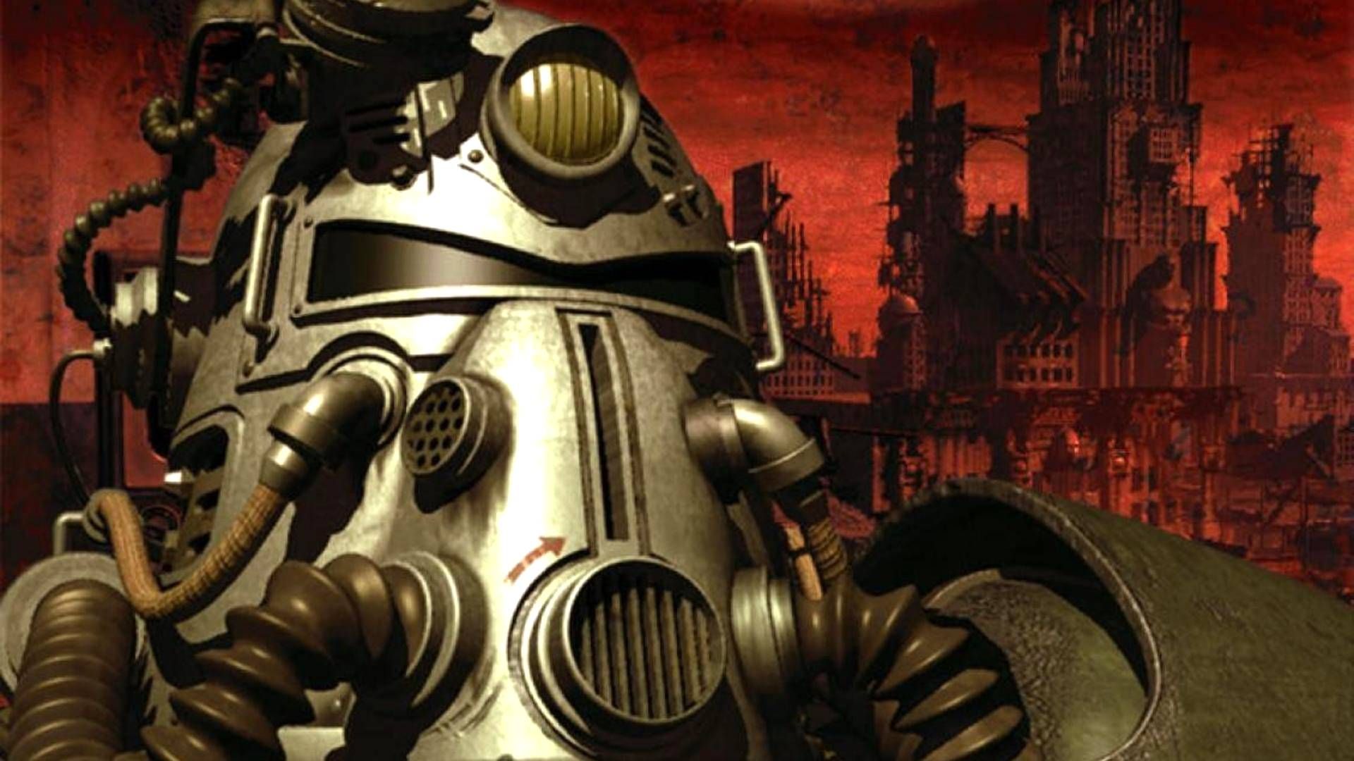 A Brotherhood of Steel power armor helmet in Fallout.