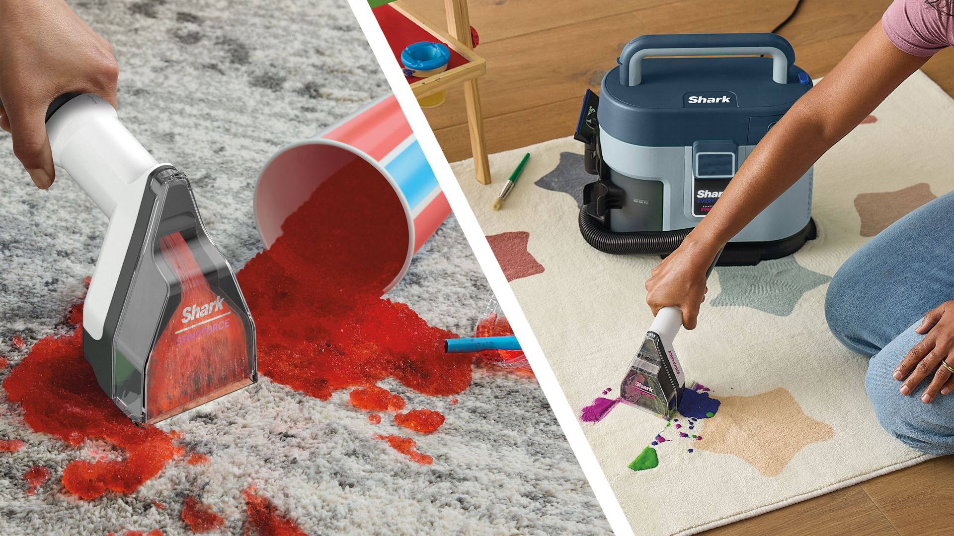Shark EveryMess 3-in-1 cleaner being used to clean paint and soda from a cream rug