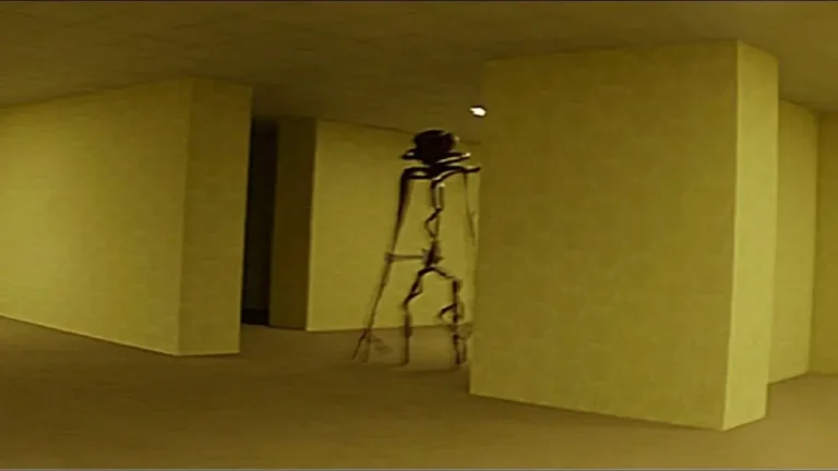 An off-yellow hallway with a strange looking creature lurking in the distance