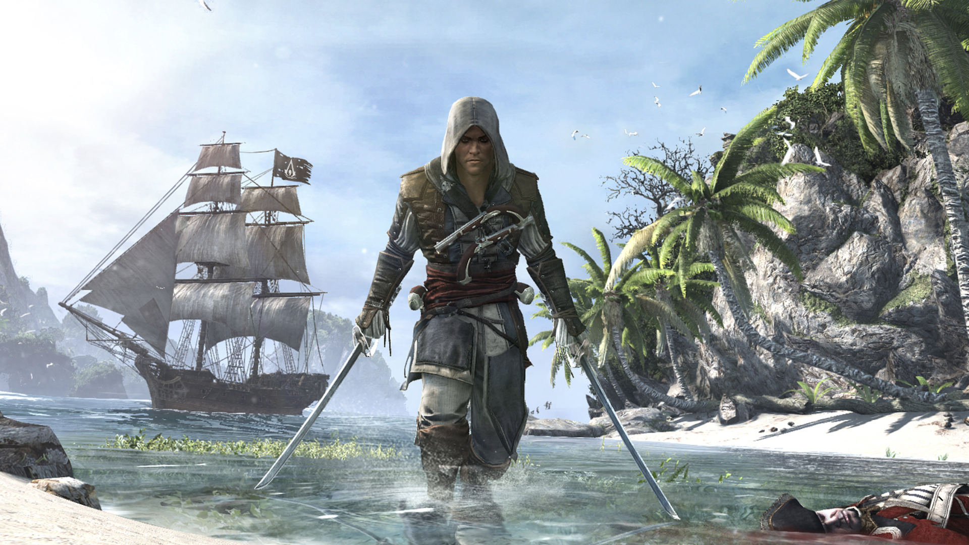Edward Kenway the pirate walks out of the ocean holding two swords. A ship is seen in the background.