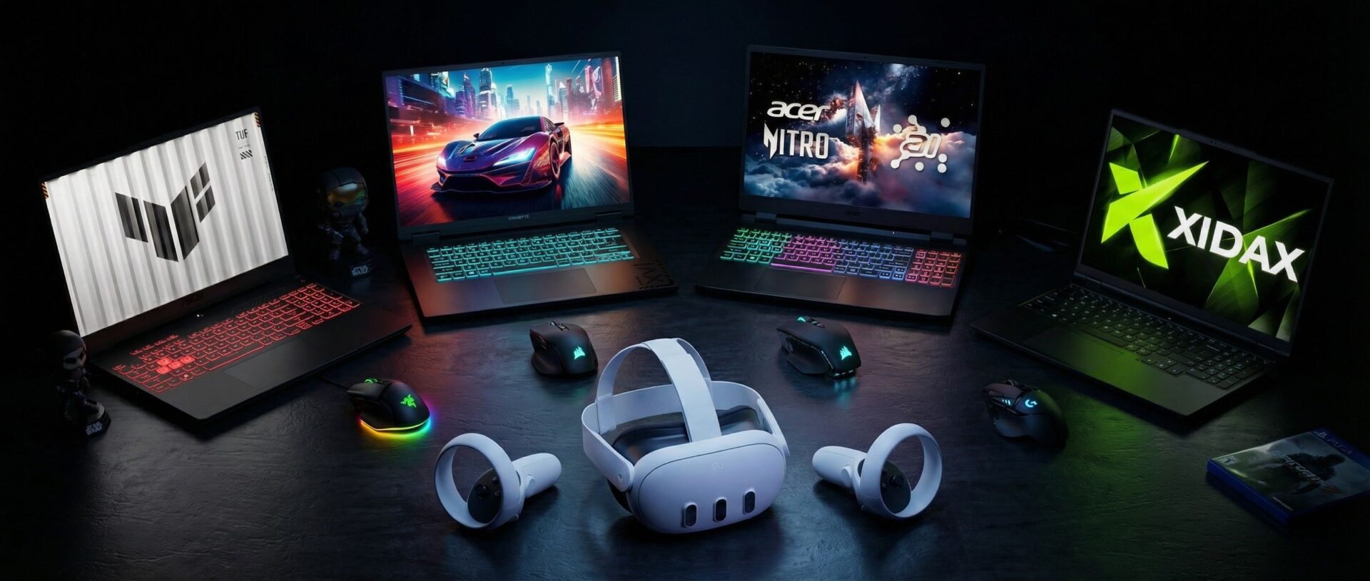 Assorted gaming products on a table with black background (AI generated)