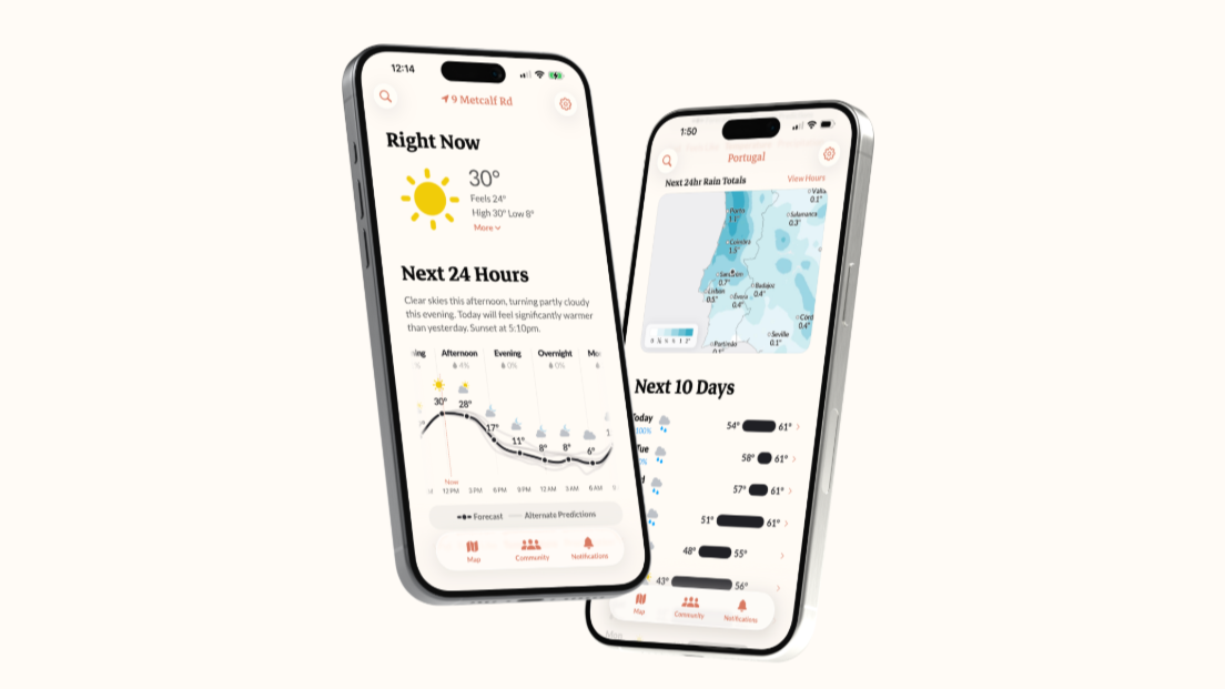 Two smartphones showing forecast readings in the Acme Weather app