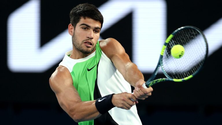 Carlos Alcaraz of Spain plays a backhand against during the Australian Open at Melbourne Park.