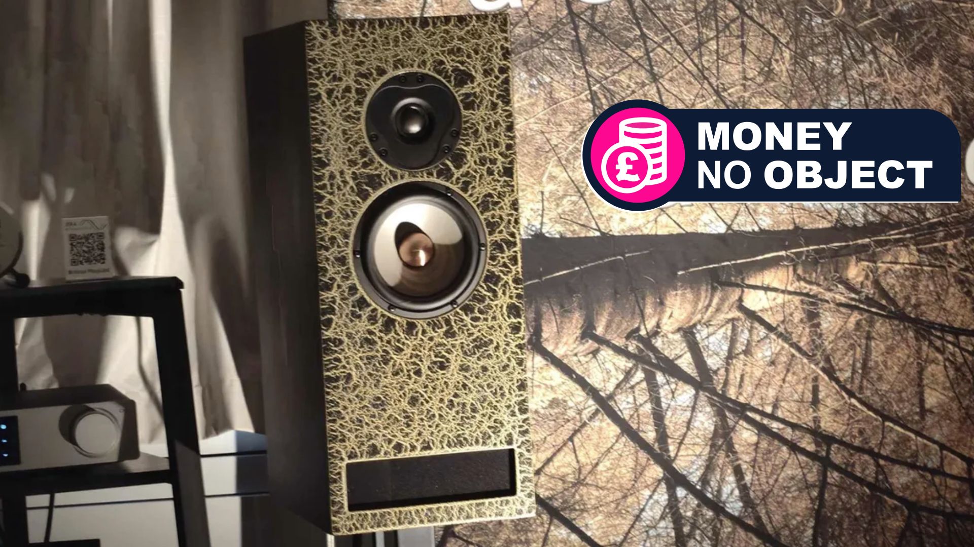 Era Acoustics XTL on woodland background, with TR's 'Money no Object' banner