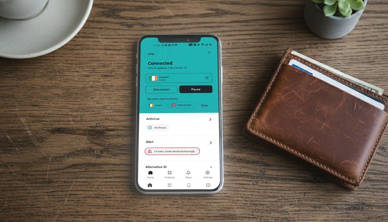 Surfshark VPN running on an Android phone on a coffee table.