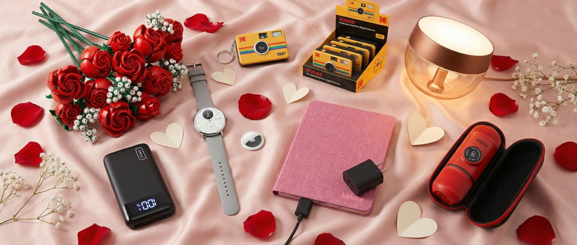 A collection of Valentine's Day gifts on a pink satin cloth with cutout paper hearts and rose petals