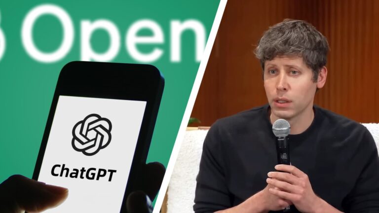 Sam Altman next to an image of someone using ChatGPT on a phone.