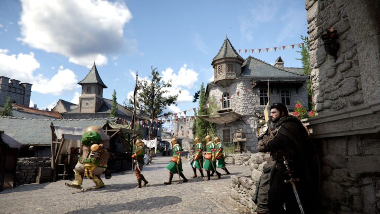 Crimson Desert screenshot showing Kliff leaning against a wall in a city as guards walk past