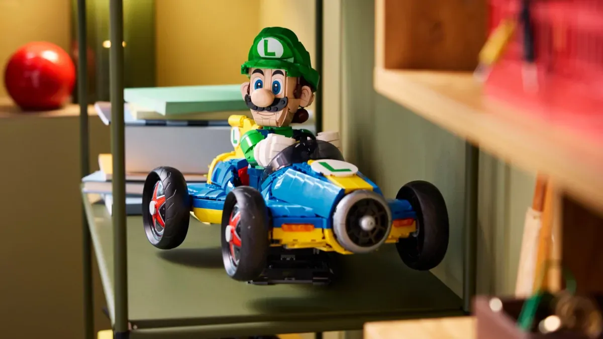 Luigi &amp; Mach 8 Mario Kart lego set on a shelf