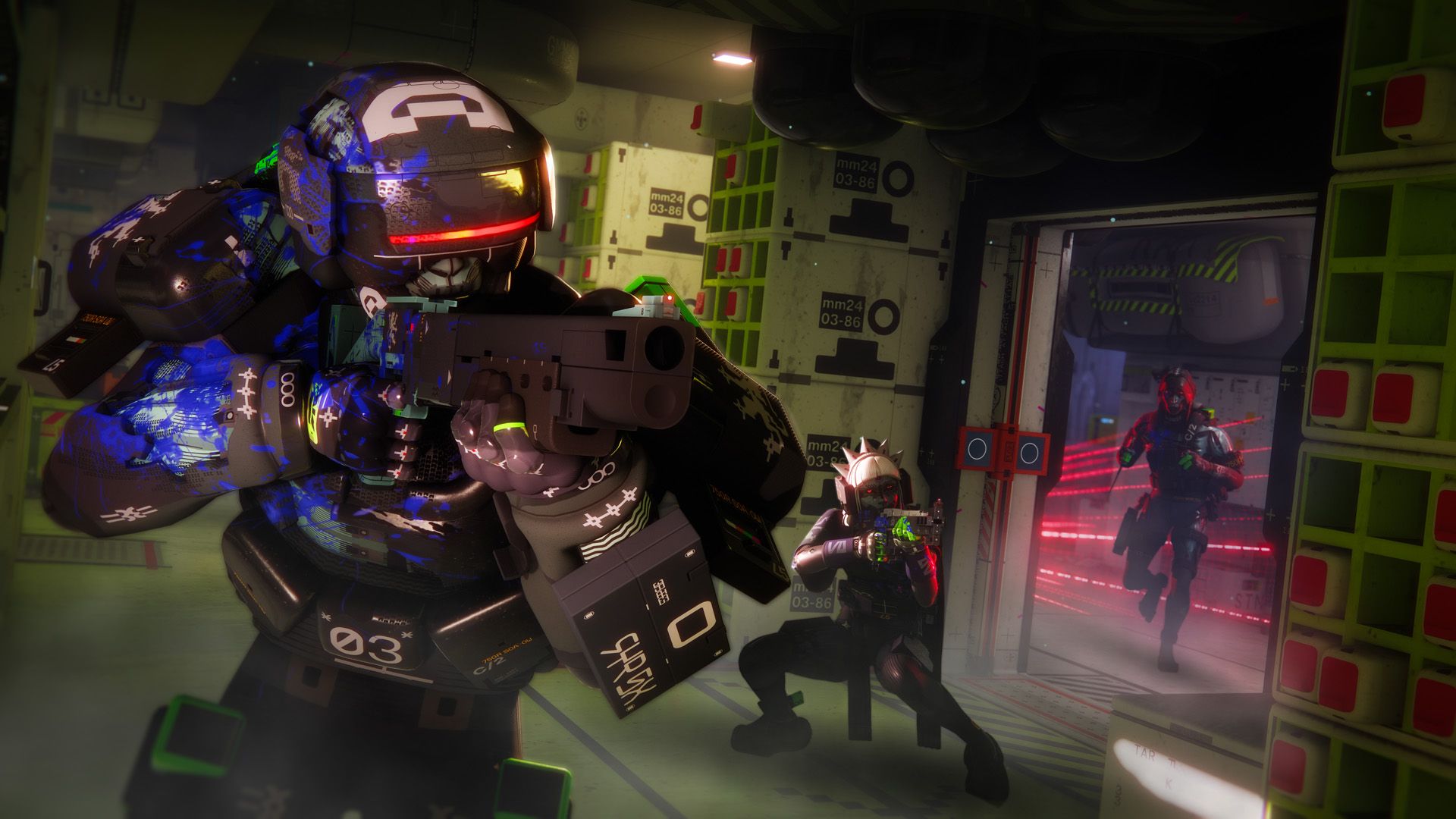 Marathon press image showing three Runners aiming guns down a hallway, with red lasers in the background