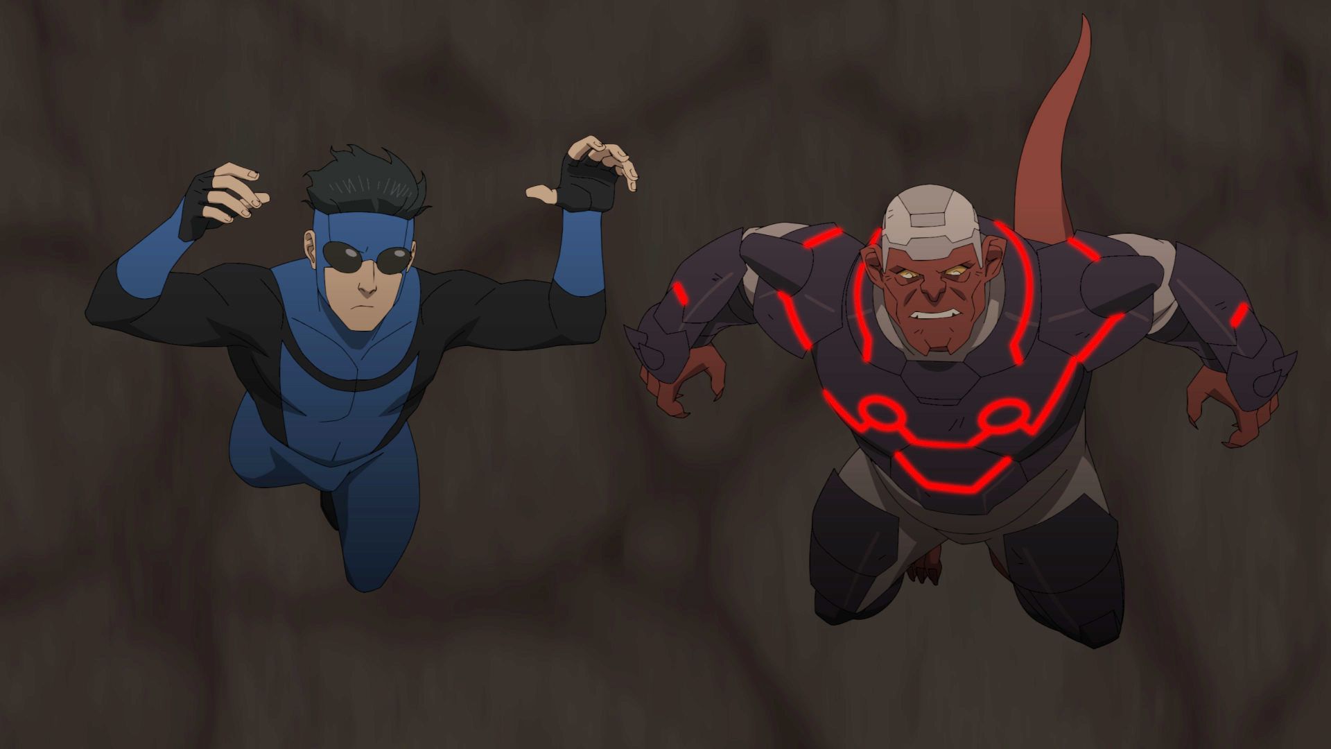 Mark Grayson and Damien Darkblood falling into a dark pit in Invincible season 4