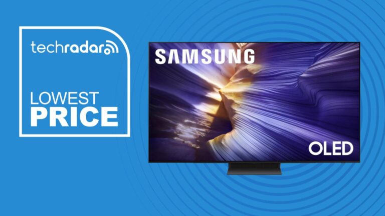 Samsung S90F on blue background