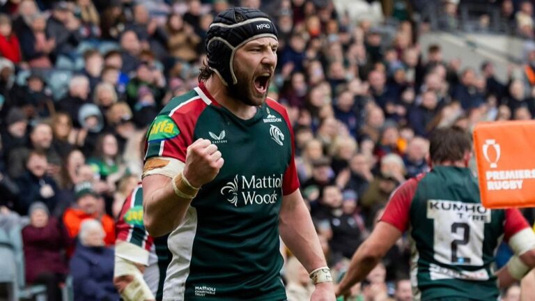 Harry Wells of Leicester Tigers celebrates scoring a try during the Prem Rugby Cup season.