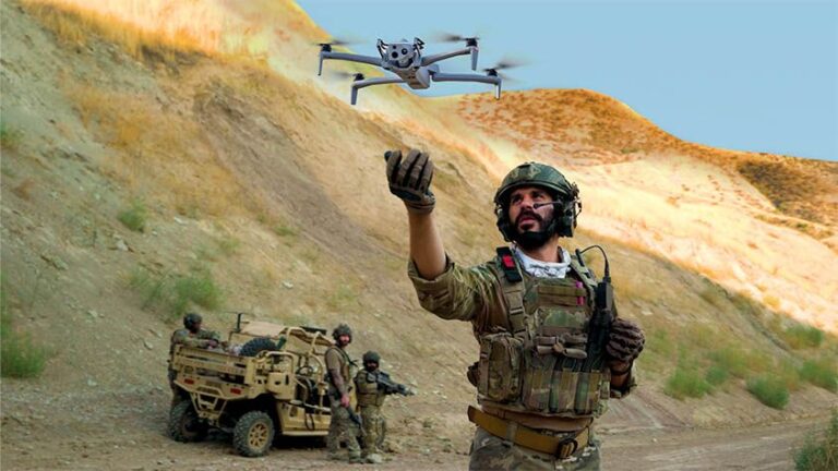 skydio x10d drone launching from soldier's hand