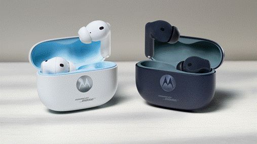 Moto Buds 2 side by side, on a gray background 