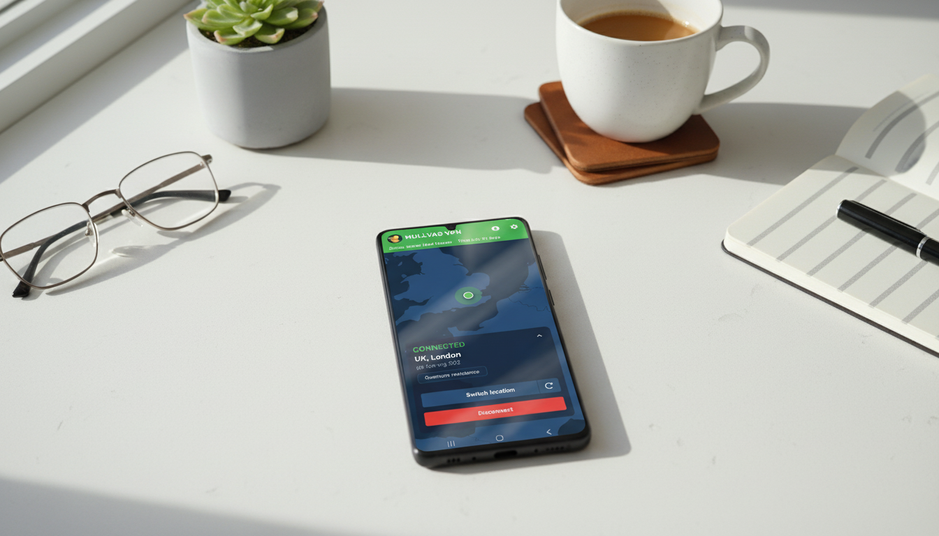 Mullvad VPN homescreen on an Android device laid out on a table