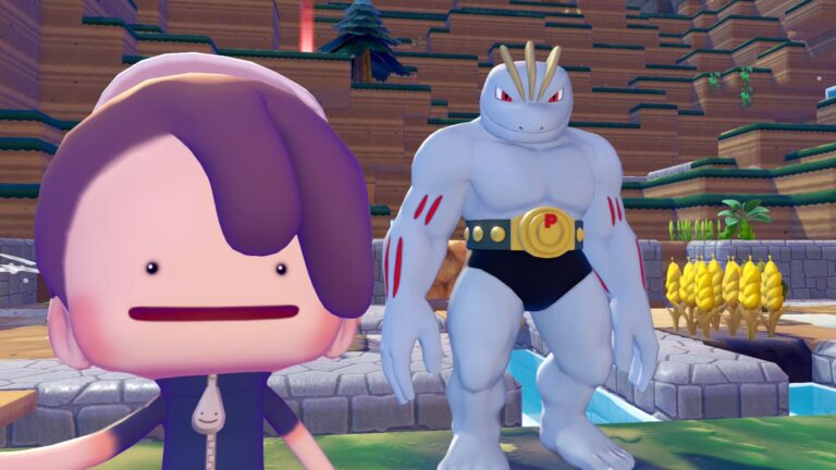 Ditto takes photo with Machoke in Pok&eacute;mon Pokopia