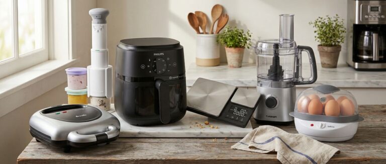 A collection of kitchen gadgets on a marble and wooden counter