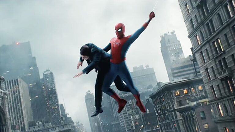 Spider-Man swinging through New York City with a criminal under his right arm in Spider-Man: Brand New Day