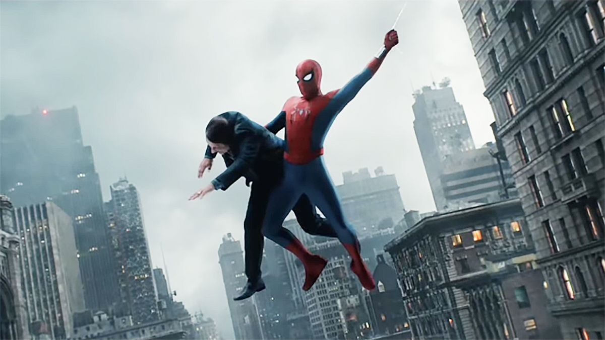 Spider-Man swinging through New York City with a criminal under his right arm in Spider-Man: Brand New Day