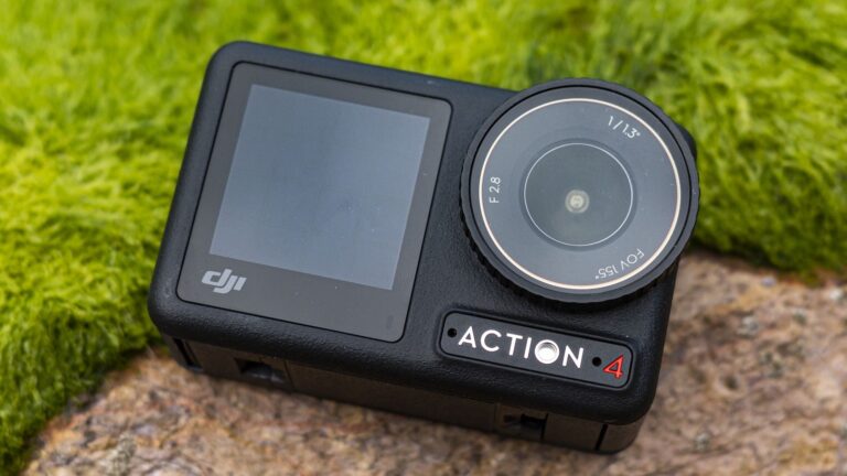 DJI Osmo Action 4 camera on a beach rock