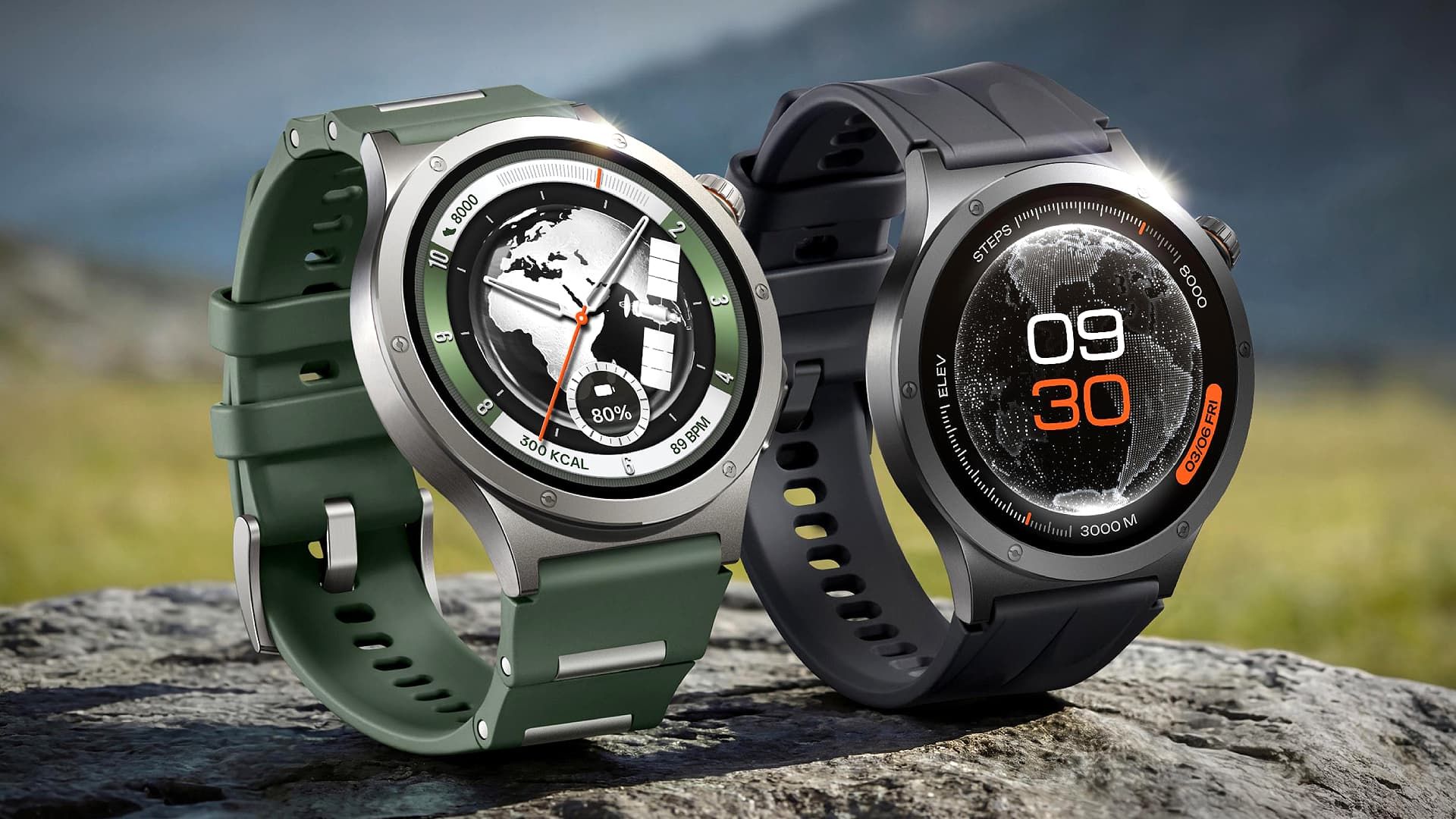 Two models of the OnePlus Watch 4 on a rock.
