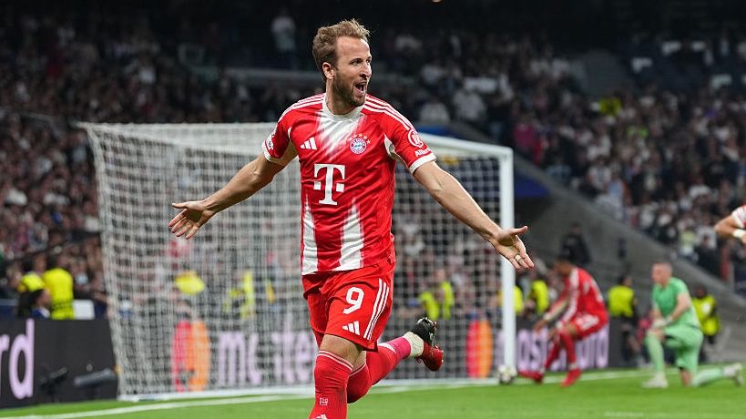 Harry Kane of FC Bayern Munich celebrates scoring his team's second goal during the UEFA Champions League 2025/26 Quarter-Final First Leg against Real Madrid.