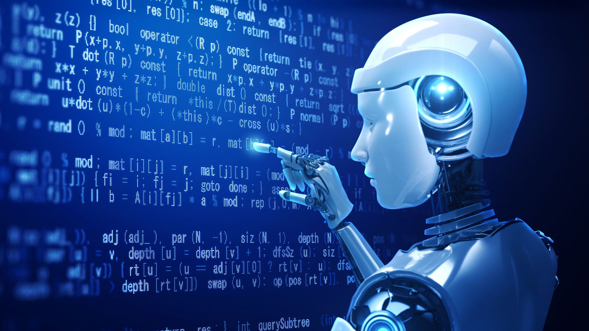 Illustration of a humanoid robot tapping a blue screen displaying computer readout style data