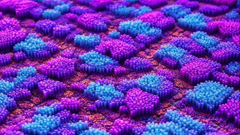 A high-contrast SEM (Scanning Electron Microscope) image of the nanostructures