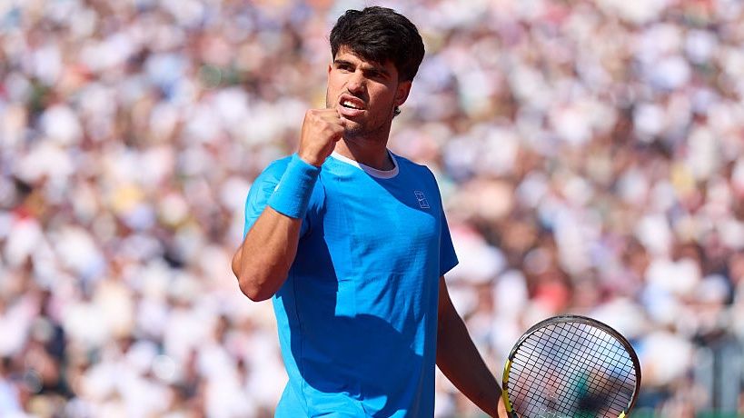 Carlos Alcaraz celebrates a point during his Round of 16 match against Tomas Etcheverry of Argentina on day five of the Rolex Monte-Carlo Masters.