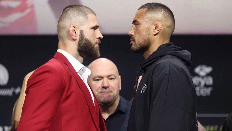 Jiri Prochazka of the Czech Republic and Carlos Ulberg of New Zealand face off during the UFC 327 press conference at Kaseya Center 
