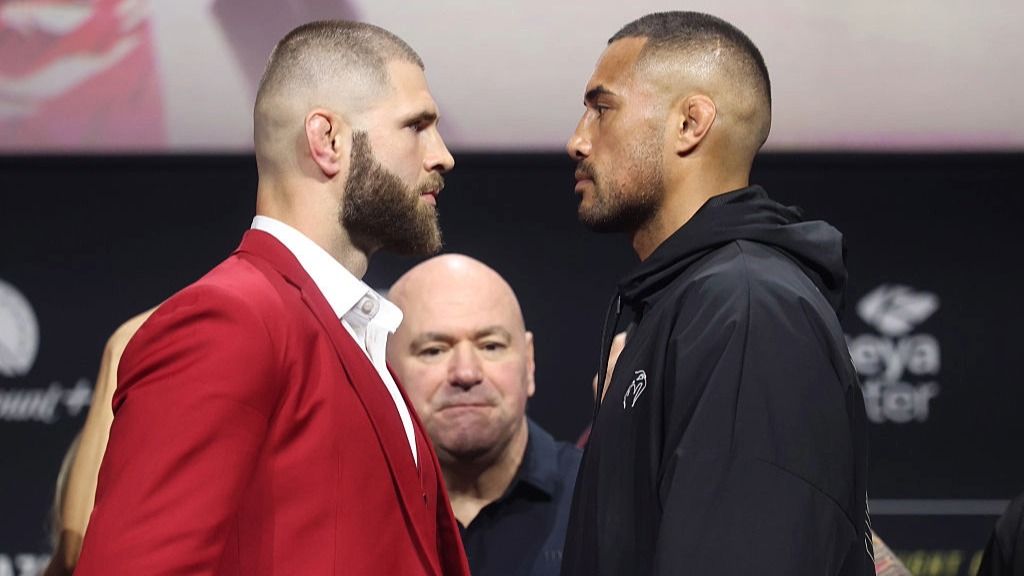 Jiri Prochazka of the Czech Republic and Carlos Ulberg of New Zealand face off during the UFC 327 press conference at Kaseya Center