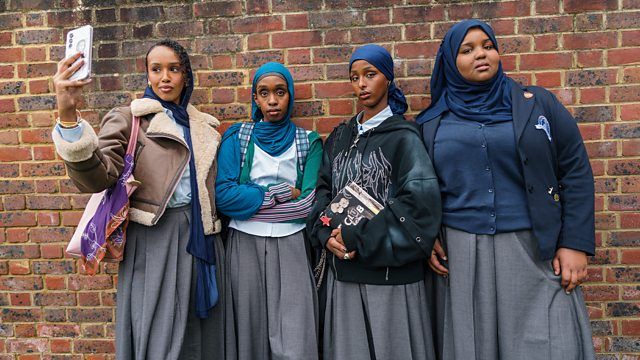 Four Muslim schoolgirls against a brickwall in Proper Ladies BBC Three comedy