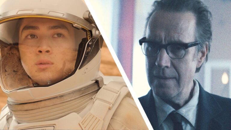 An astronaut on the left and a man in glasses on the right