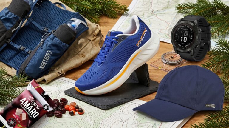 Saucony, CamelBak, SealSkinz, Garmin watch on an adventure-themed background