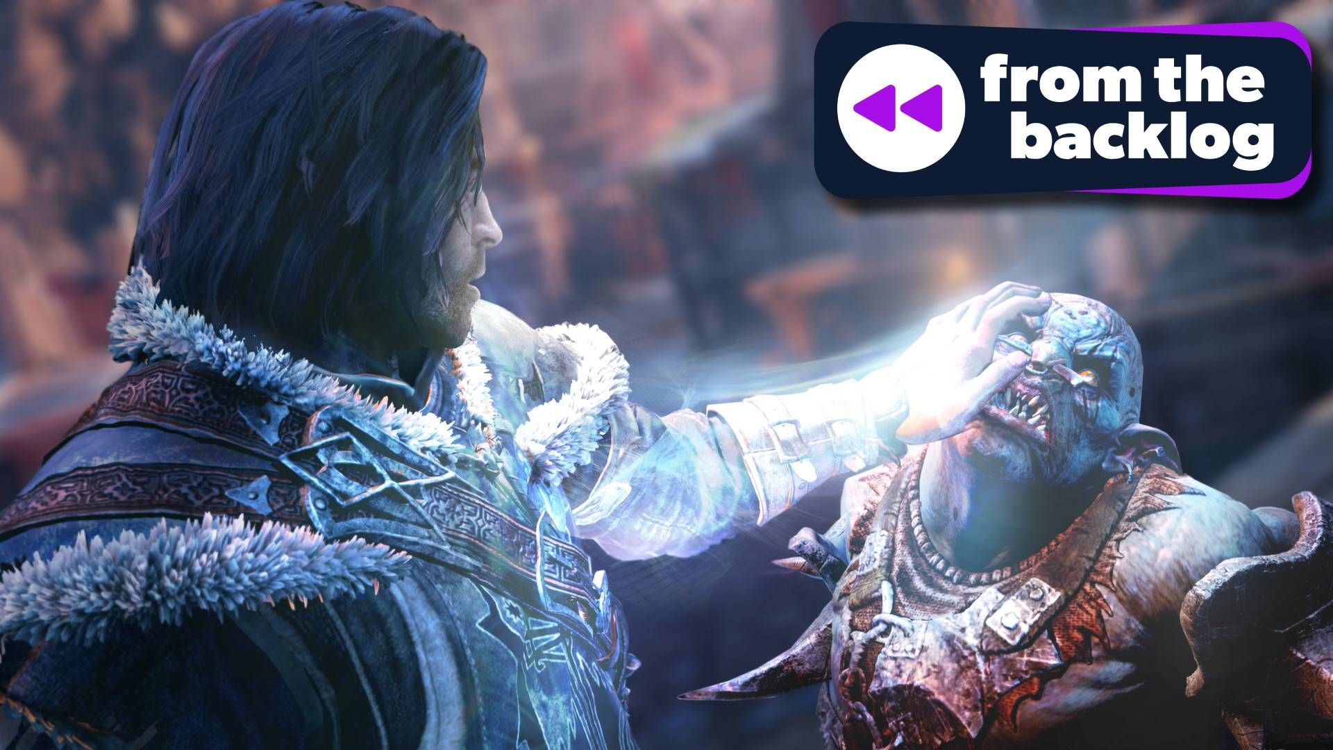 A screenshot from Middle-earth: Shadow of Mordor showing Talion marking an Uruk with TechRadar Gaming's 'From the Backlog' badge in the top right hand corner