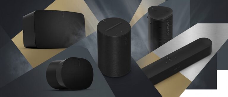 A collage of Sonos speakers and soundbars on a geometric background made up of blue, silver and gold segments