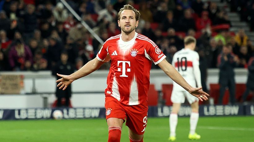 Harry Kane celebrates scoring his team's fourth goal from the penalty spot during the Bundesliga match between VfB Stuttgart and FC Bayern M&uuml;nchen at MHPArena on December 06, 2025.