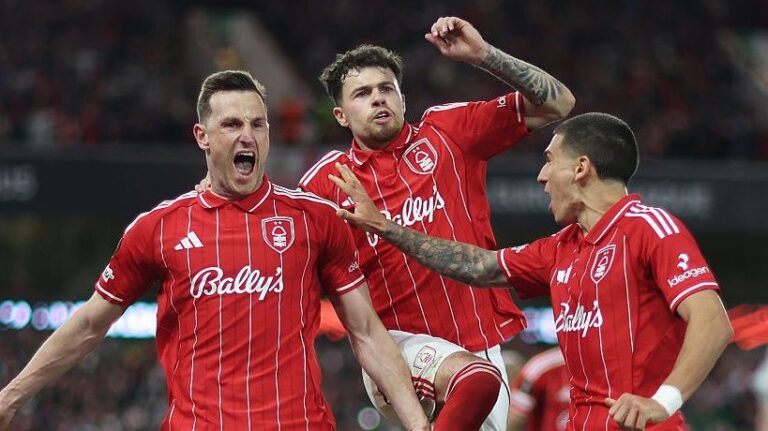 Chris Wood celebrates scoring his team's first goal during the UEFA Europa League 2025/26 Semi-Final First Leg match between Nottingham Forest FC and Aston Villa. 