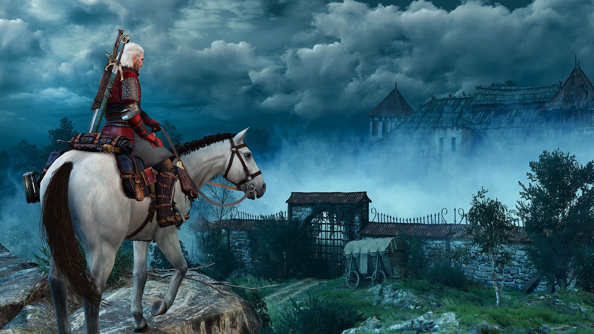 Geralt on a white horse overlooking a manor shrouded in mist in The Witcher 3: Wild Hunt - Hearts of Stone expansion.