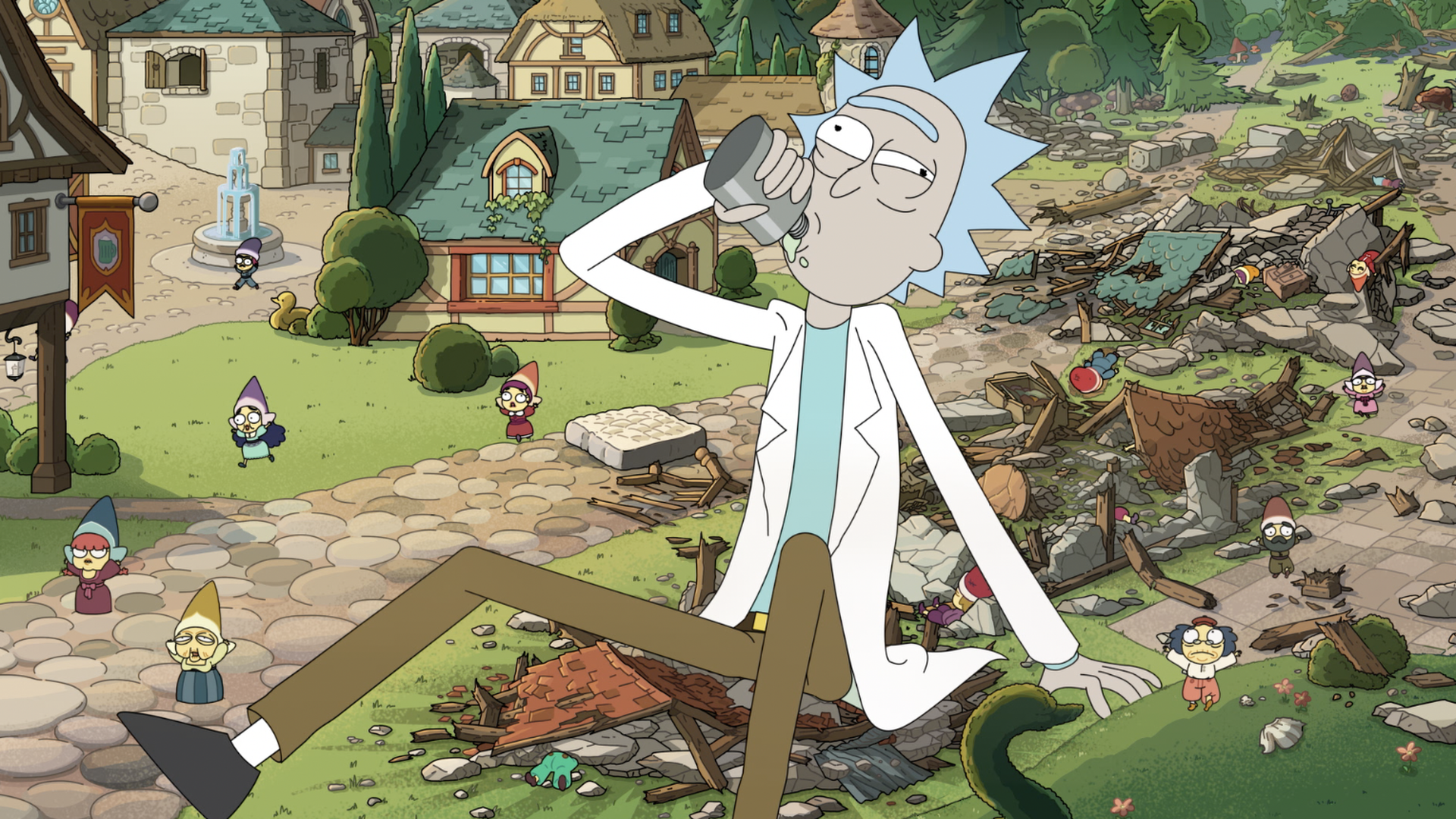 A giant-sized Rick swigs from a grey bottle in his white lab coat in Rick and Morty season 9