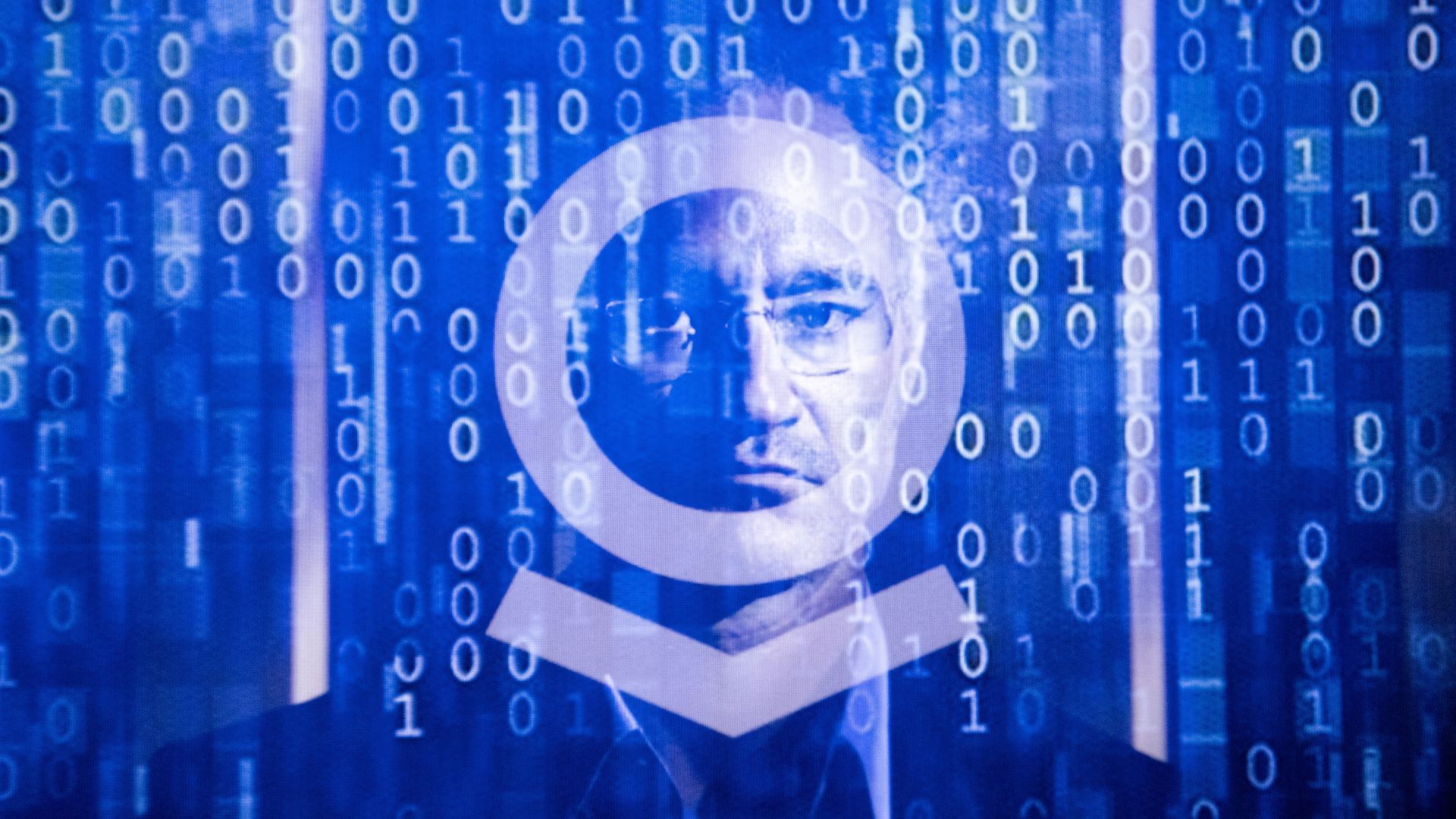 A triple exposure photograph of a computer binary code and of the Palantir artificial intelligence logo featuring a portrait of its co founder and CEO Alex Karp