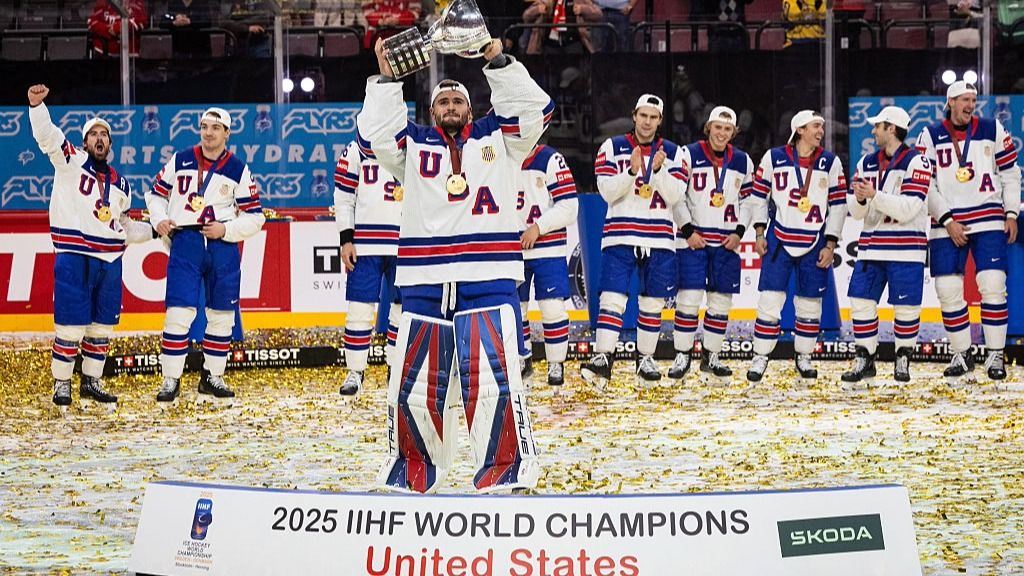 USA celebrate winning the IIHF World Championship 2025