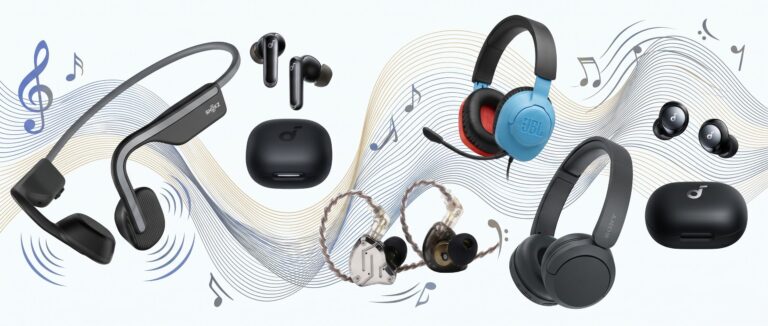 Headphones and earbuds on a musical themed background