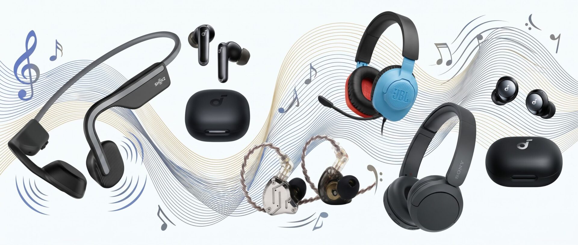 Headphones and earbuds on a musical themed background