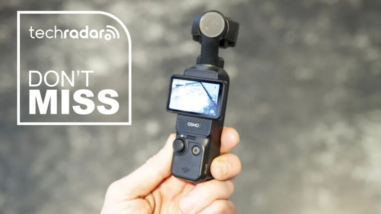 The DJI Osmo Pocket 3 during our testing, next to a white TechRadar badge that reads 'Don't Miss' 