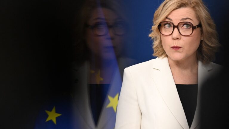 EU Executive Vice-President for Tech Sovereignty, Security and Democracy Henna Virkkunen addresses a statement about the EU digital age verification app in Brussels on April 15, 2026.